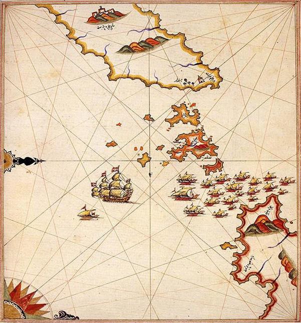 Χάρτης που απεικονίζει τη διέλευση πειρατικών πλοίων από το σύμπλεγμα νησιών: Ικαρία (πάνω δεξιά), Φούρνοι (μέση), Σάμος (κάτω δεξιά). Piri Reis, 1520